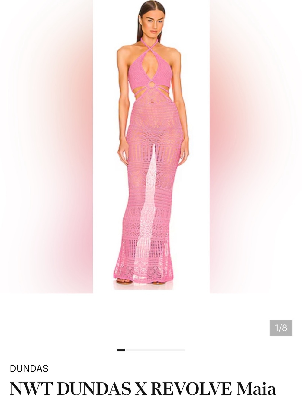 DUNDAS Pink Crochet Halter Maxi Dress with Ring Cutouts